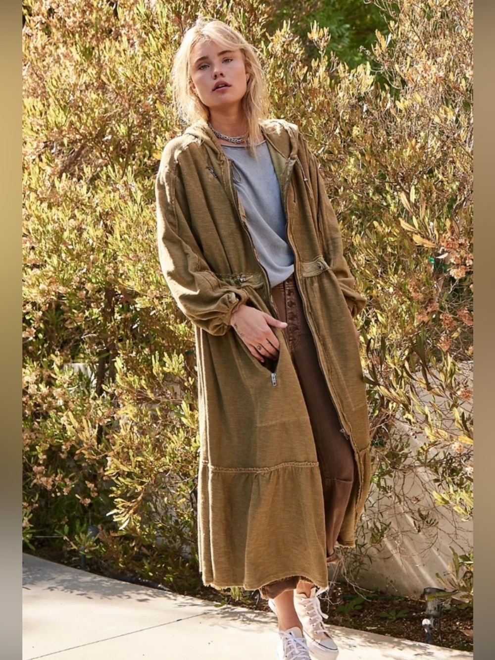 Free People In the Trenches Hooded Duster Coat Green Boho Utility Size Medium

D